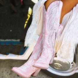 Bottes hautes bottes de cowboy femmes Y220718 rose femmes mince talon haut pour les femmes automne nouvelle fleur broderie genou