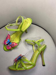 Sandales à talons hauts papillon pour femmes, chaussures de soirée, gladiateur vert, mariage, cheville fine bohème
