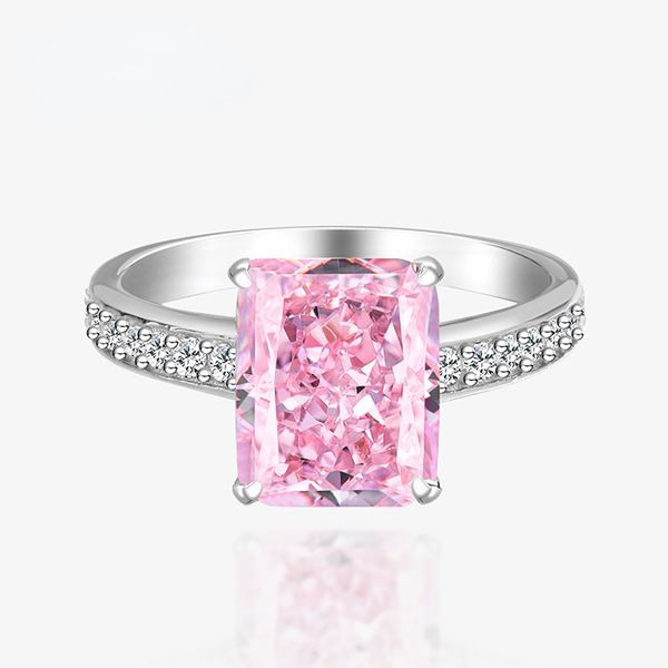 Bague en sucre coupé en fleur de glace en diamant à haute teneur en carbone 8 * 10 bague en diamant carré rose Diamant à haute teneur en carbone vente chaude bijoux en argent 925