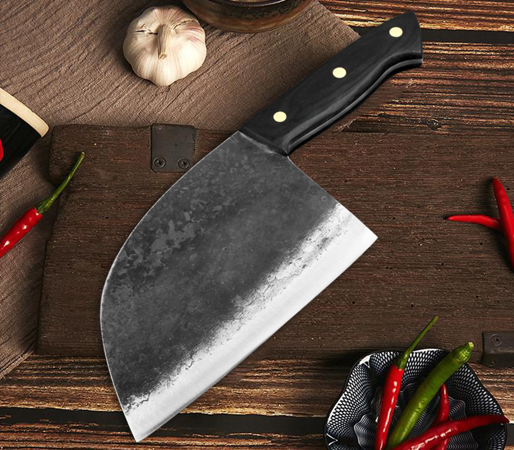 Faca de chef forjada artesanal de aço de alto carbono, cheia de faca de cozinha chinesa, talhadeira de açougueiro, faca de corte de legumes tang completa