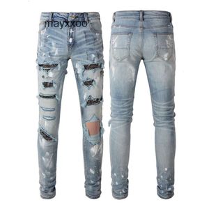 High Chaopai Washed Purple Fashion Jean Heavy Craft Amiiris Perfoated Mens Designer Quality Leather Crayon Crayon Mens Yaip