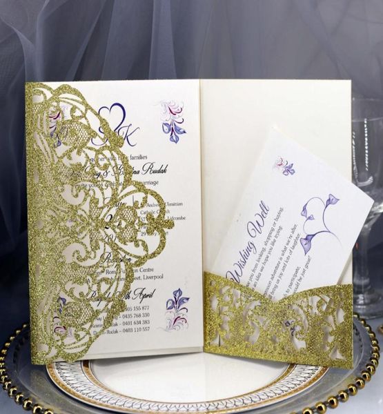 Invitaciones de boda de bolsillo cortadas con láser con brillo dorado de clase alta con tarjeta de confirmación de asistencia y sobre Tríptico floral hueco imprimible Quinceane3031995