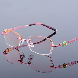 Hoge Clear Anti Reflecterende Rhinestone Leesbril Dames Roze Brillen Diamant Snijden Randloze Presbyopische Eyewear Nieuw