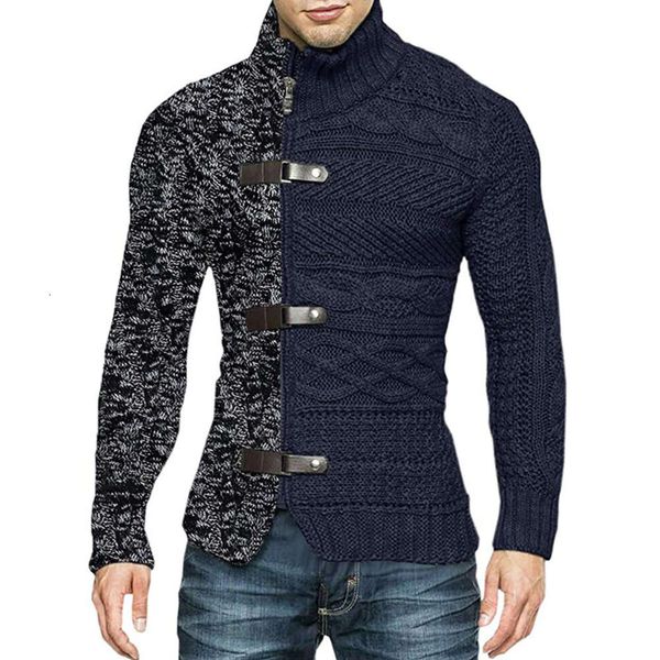 Cárdigan de punto de manga larga con botones de cuero de colores para hombre, suéter grande con cuello alto, Otoño/Invierno 2023, 755