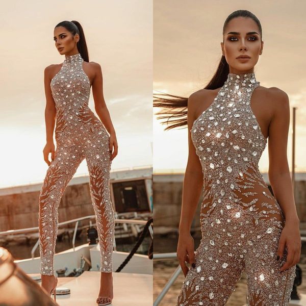 Vestidos de graduación de cristal con cuello alto, monos sin mangas con ilusión, vestidos de noche sexys con cuentas de Dubái para mujer, vestido para ocasiones especiales