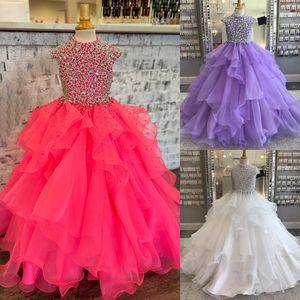 Hoge Kraag Meisje Pageant Jurk 2023 Kapmouwtjes Ballgown Kristallen Verstoorde Organza Kinderen Verjaardag Formele Feestjurk Peuter Tieners Preteen Little Miss Zakdoek