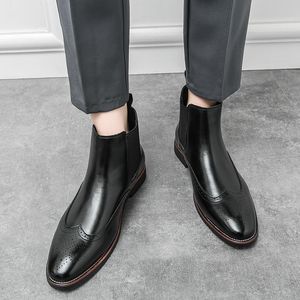 Hoog uitgesneden puntige Chelsea-laarzen voor heren met losse voeten, effen kleur, platte bodem, vierkante hak, antislip Britse retro mode-bloklaarzen