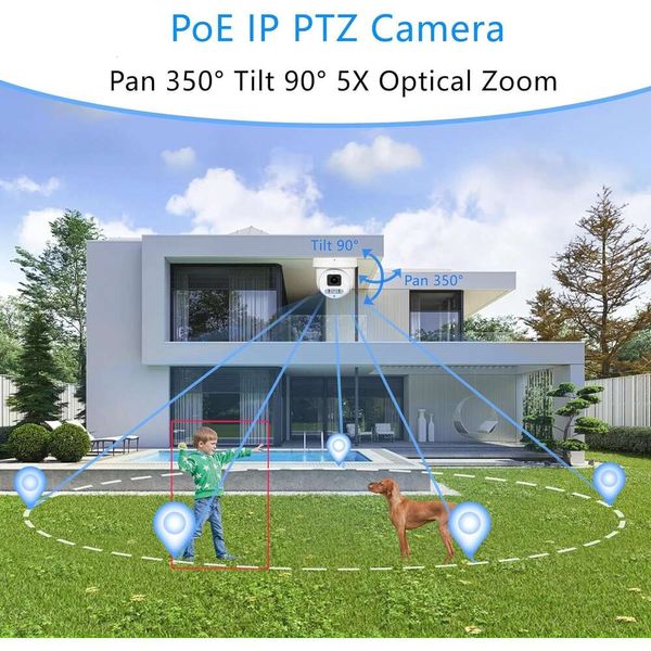 Haute définition 4k 8MP Mini Ptz Dome Poe IP Camera pour une utilisation en plein air avec Pan / Tilt, 5x Zoom optique, vision nocturne en couleur, compression H.265, micro intégré