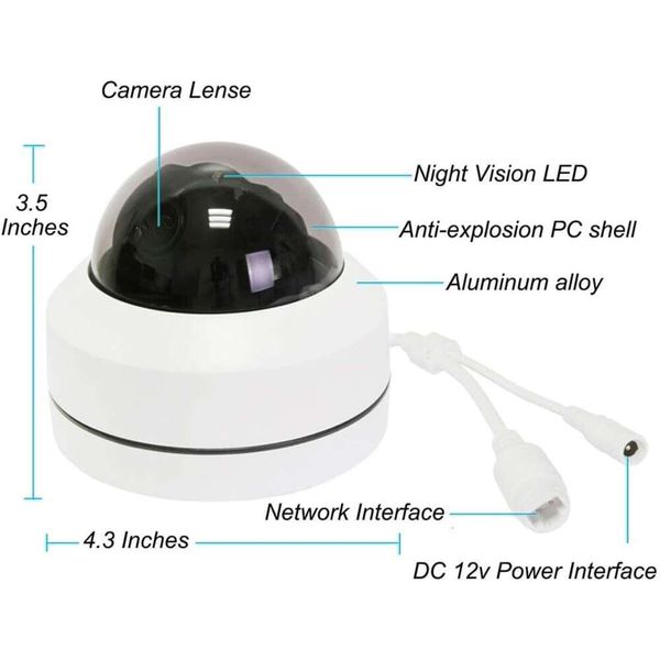 Appareil photo de sécurité PTZ IP Dome à haute définition avec résolution 4K 8MP, zoom optique 5x, vision nocturne, détection de mouvement et capacités de visualisation à distance