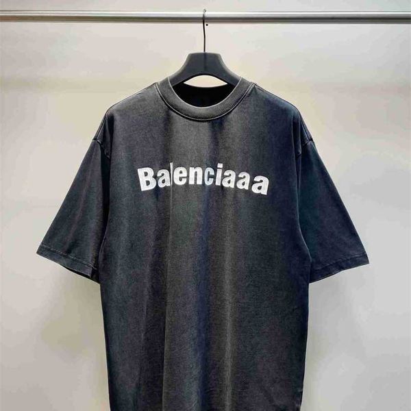Camiseta de manga corta, edición alta, Paris 23ss, primavera/verano, nueva, lavada, con logotipo ambiental antiguo, estampado agrietado b Home Correct