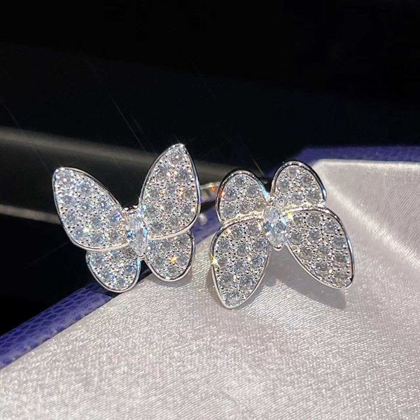 Haute édition Vancleff S925 Clover en argent sterling Full Diamond Fritillaria Double Butterfly Ring Womens Light Luxury Fashion Open Anneau