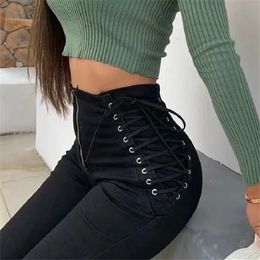 Hoge elasticiteit sexy dubbele gebonden touw jeans vrouwelijke voeten herfst hoge taille slanke potlood denim broek womens broek 210420