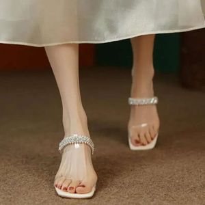 Hoge elegante parels dikke hiel transparant zomer vierkant teen mode feestpompen sandalen schoenen pur AD2