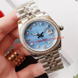 High-end 2813S Automatische mechanische dames kijken klassieke roestvrijstalen band met diamanten 36 mm lichtblauwe mode dames pols 2366