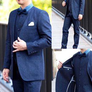 High End 3 Stuks Mannen Pakken Tuxedo Denim Piekte Revers Custom Size Formeel Pak Enkele Breasted 2 Zakken Jas + Vent + Broek