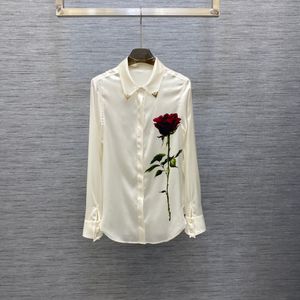 Haut de gamme noir/blanc 3D Roses imprimer chemises pour femmes concepteur 100% soie revers cou manches longues Blouses femmes 121509