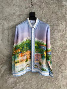 High-end merk mode ontwerper shirt ~ US Size Exquisite Castle Print Ademend Silk Material Spring and Herfst Heren Luxe Lange Mouwen Casual Shirt
