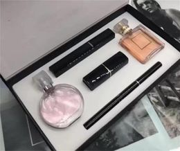 High end merk make-up set 15 ml parfum lippenstift eyeliner mascara 5 stuks met doos lippen cosmetica kit voor vrouwen cadeau gratis verzending