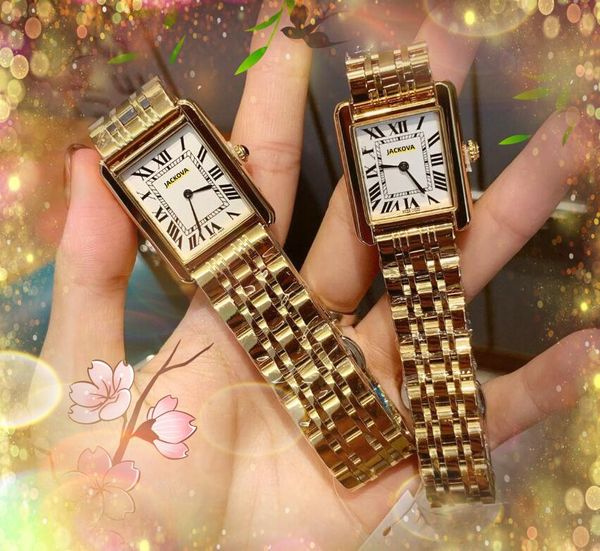 Haut de gamme cool amateurs réservoir romain deux broches design montre or rose boîtier en argent hommes femmes ultra mince horloge en acier inoxydable batterie à quartz super lumineux montres à visage carré