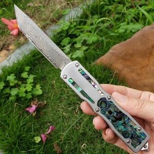 High End Damascus Auto Tactisch Mes VG10 Damascus Stalen Mes 6061-T6 met Abalone shell Handvat Met Nylon Schede