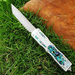 High End Damascus Auto Tactisch Mes VG10 Damascus Staal Single Edge Tanto Point Blade 6061-T6 met Abalone shell Handvat
