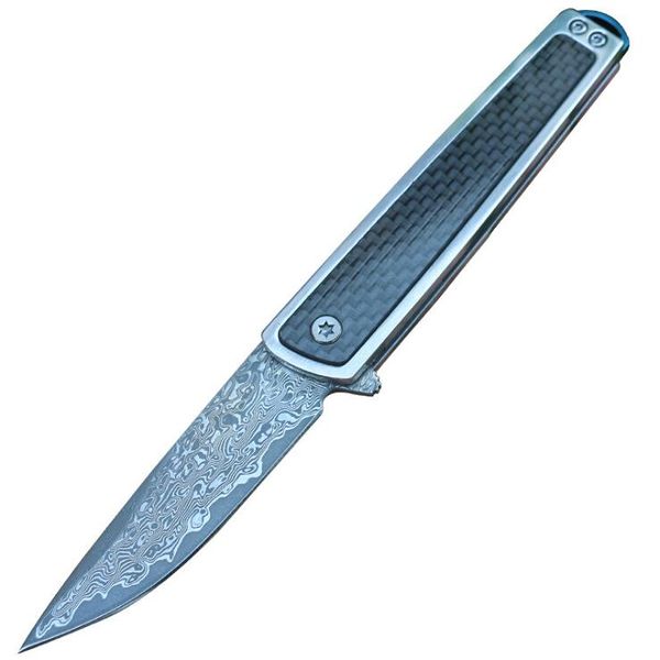 Couteau pliant damas haut de gamme Vg10-Damas-Damas en acier à point de chute en fibre de carbone Fibre en acier Handle Couteaux