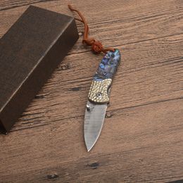 Cuchillo plegable de bolsillo EDC pequeño de Damasco de gama alta, hoja de acero de Damasco, mango de concha de abulón, cuchillos de regalo con caja de regalo