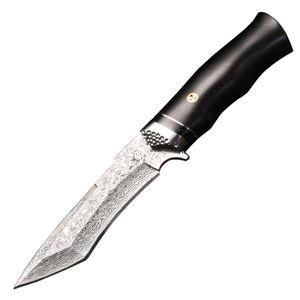 Damas haut de gamme couteau droit damas damas en acier tanto ébène avec poignée en acier poignée de chasse à lame fixe extérieure couteaux avec gaine en cuir