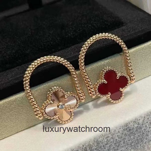 Anillos de diseñador de gama alta para Vancleff Clover High Clover Doble de doble cara Ranja láser Ranja láser para mujeres Anillo de doble lado de oro rosa de 18k Original 1to1