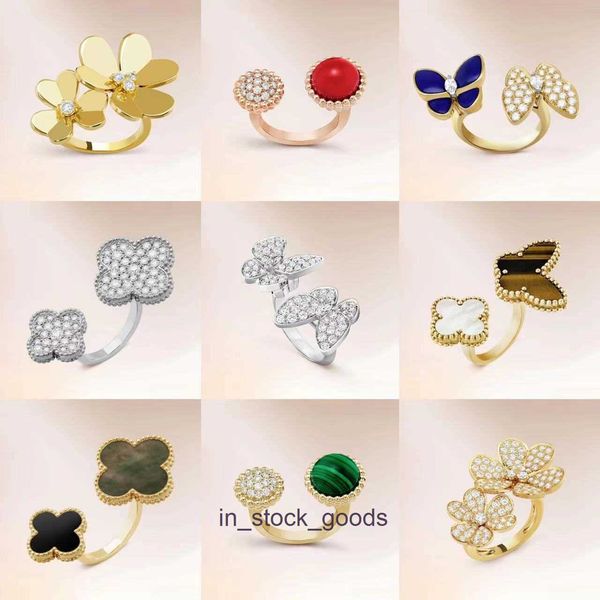 Anillos de diseñador de alta gama Venclef Precision Edition Lucky Grass Avanzado Temperamento de moda simple Femenina Femenina de cuatro hojas Fritillaria Doble Flor Anillo abierto