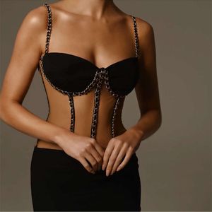 High-end designer sexy doorzichtige dames mini-spleet fit zwarte jurk corset top sling zomer mini rok fz2405102