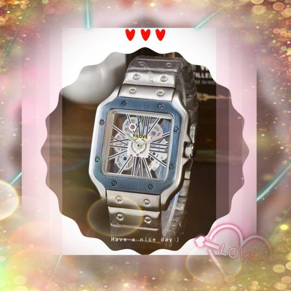 Haut de gamme élégant bracelet en acier inoxydable montres pour hommes de haute qualité chronographe jour date horloge mouvement à quartz loisirs carré creux cadran squelette montre-bracelet cadeaux