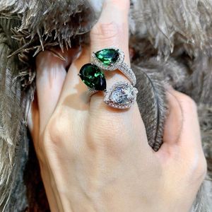 High-end Emerald Malachiet Groene Zirkoon Diamanten Ring Vrouwelijke Opening Verstelbaar Licht Luxe Coole Stijl Sieraden Bruiloft Accessoires CX220325