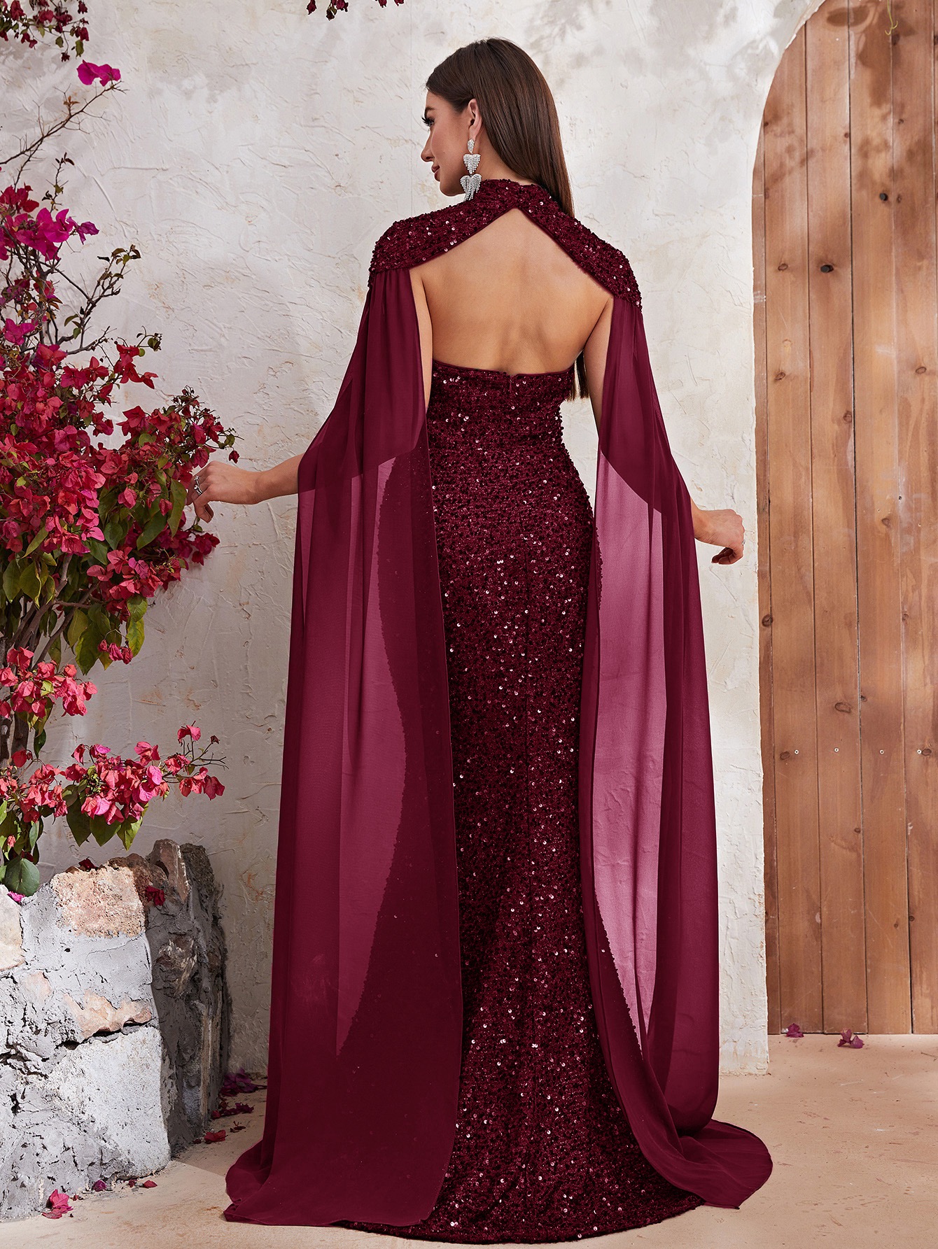 Vestido de noite de alta qualidade com lantejoulas e pescoço pendurado xale chiffon vestido de manga comprida rabo de peixe vestido longo Dubai ArabMGT610-2