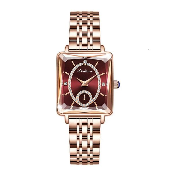 Reloj cuadrado de alta gama para mujer, con incrustaciones de oro rosa y diamantes, dos agujas, medio movimiento, Tiktok, transmisión en vivo, Popular en línea