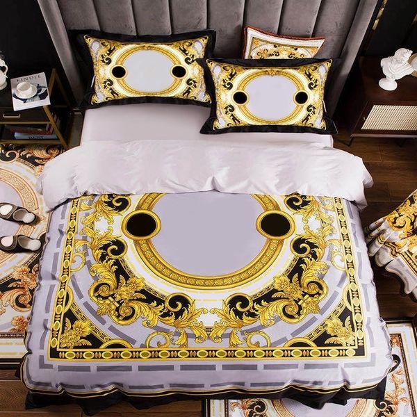 High-end French Italy Design Yellow Pattern Print 4PCS King Queen Size Edredones White Blue Gold Bed sheet Juegos de cama de lujo 201113