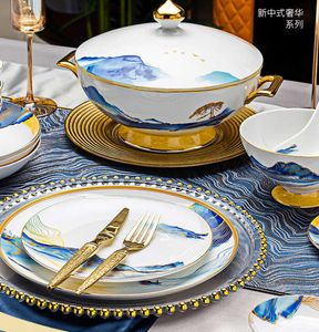 Vaisselle de cadeau haut de gamme Vaisselle en céramique sur mesure Jingdezhen plats de couleur glaçure en porcelaine tendre haut de gamme mis paysage repas de luxe