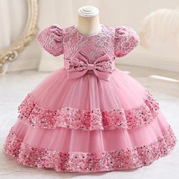 High -End Girl Birthday Princess Dress Baby Embroidery Floral Bow Tutu Jurk Bloem Bruiloft Kid Kerstfeest 240321