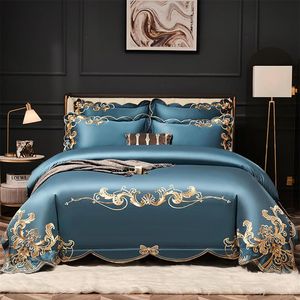 Juego de cama con bordado dorado de alta gama, funda nórdica de algodón azul egipcio de lujo, 4 Uds., Sábana de cama, fundas de almohada de lino, Color sólido, Textil para el hogar293H