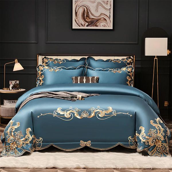 Juego de cama con bordado dorado de alta gama, funda nórdica de algodón azul de Egipto de lujo, 4 Uds., Sábana de cama, fundas de almohada de lino, Color sólido, Textil para el hogar328t