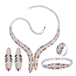 High End Prachtige Kleurrijke Zirconia Bladvorm Grote Bruiloft Ketting Bruids 4 Stuks Sieraden Sets Voor Vrouwen T0854 240102