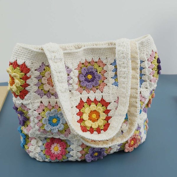 Bolsa de hombro de flores de gama alta tejida a mano de alta gama con la bolsa de la cuadrícula de la niñera pequeña y fresca de las flores.