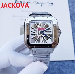 Relojes cuadrados transparentes huecos de alta gama, reloj de tiempo con movimiento de cuarzo de 38 mm, pulsera de acero inoxidable, reloj de pulsera resistente al agua 5tm, relojes de lujo para hombre