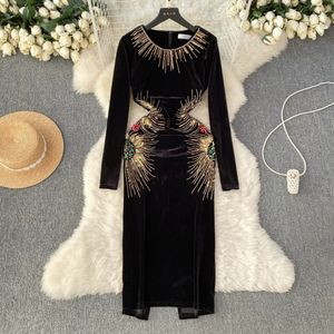 Robe sœur impériale haut de gamme, automne et hiver, Vintage français, industrie lourde, perles à ongles, paillettes, taille en velours doré, robe à manches longues