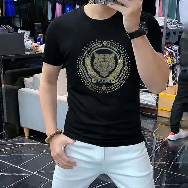 Camiseta de manga corta para hombre de algodón de seda de jade de gama alta con diamantes calientes Nueva ropa de verano Medio Bnqz