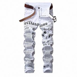 Jeans haut de gamme Denim Tide Brand White Letter Impression Slim White Party Quotidien Jeune Lg Pantalon Grande Taille Y9NV #
