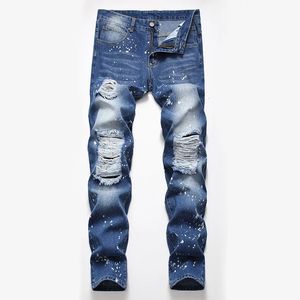 High-end jeans denim heren merk gewone fit gat geruïneerd rechte broek dropship gescheurd groot formaat 240417