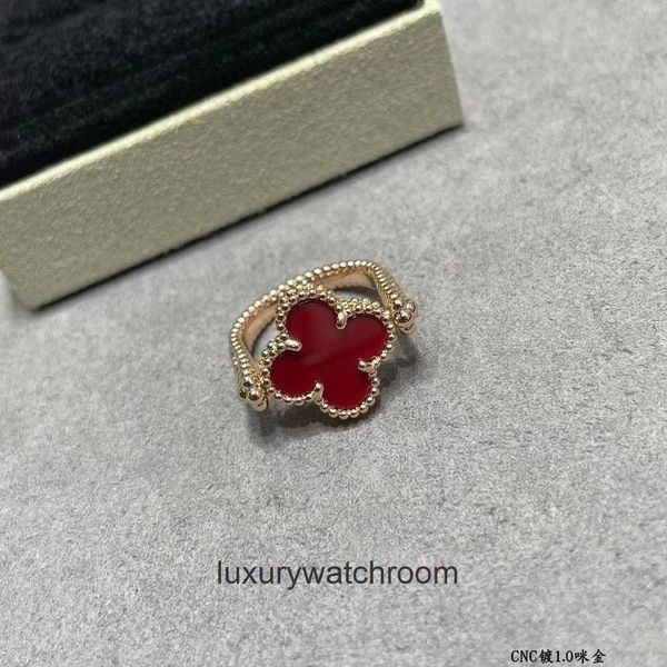 Anillos de joyería de gama alta para Vancleff Clover Doble Flower Doble Flower Red Anillo de láser para mujeres Anillo de doble lado de oro rosa de 18 quilates con logotipo real