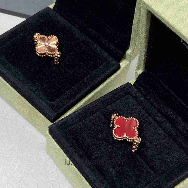 Anneaux de bijoux haut de gamme pour Vancleff Womens V-Gold Nouveau réversible Double Flower Agate Laser Rose Gold Ring Original 1: 1 avec un vrai logo