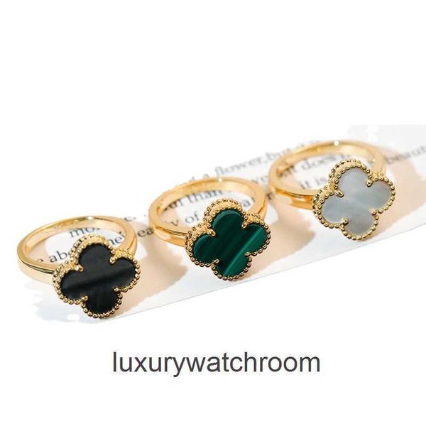 Anneaux de bijoux haut de gamme pour Vancleff Womens Lucky Clover Ring S925 Silver plaqué 18K Jade Marrow Malachite Diamond Set Ring For Women Original 1: 1 avec un logo réel